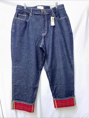 Lane Bryant 16 Boyfriend Relaxed Fit Jeans - Dark Blue w/ Red Plaid Cuffs #0071